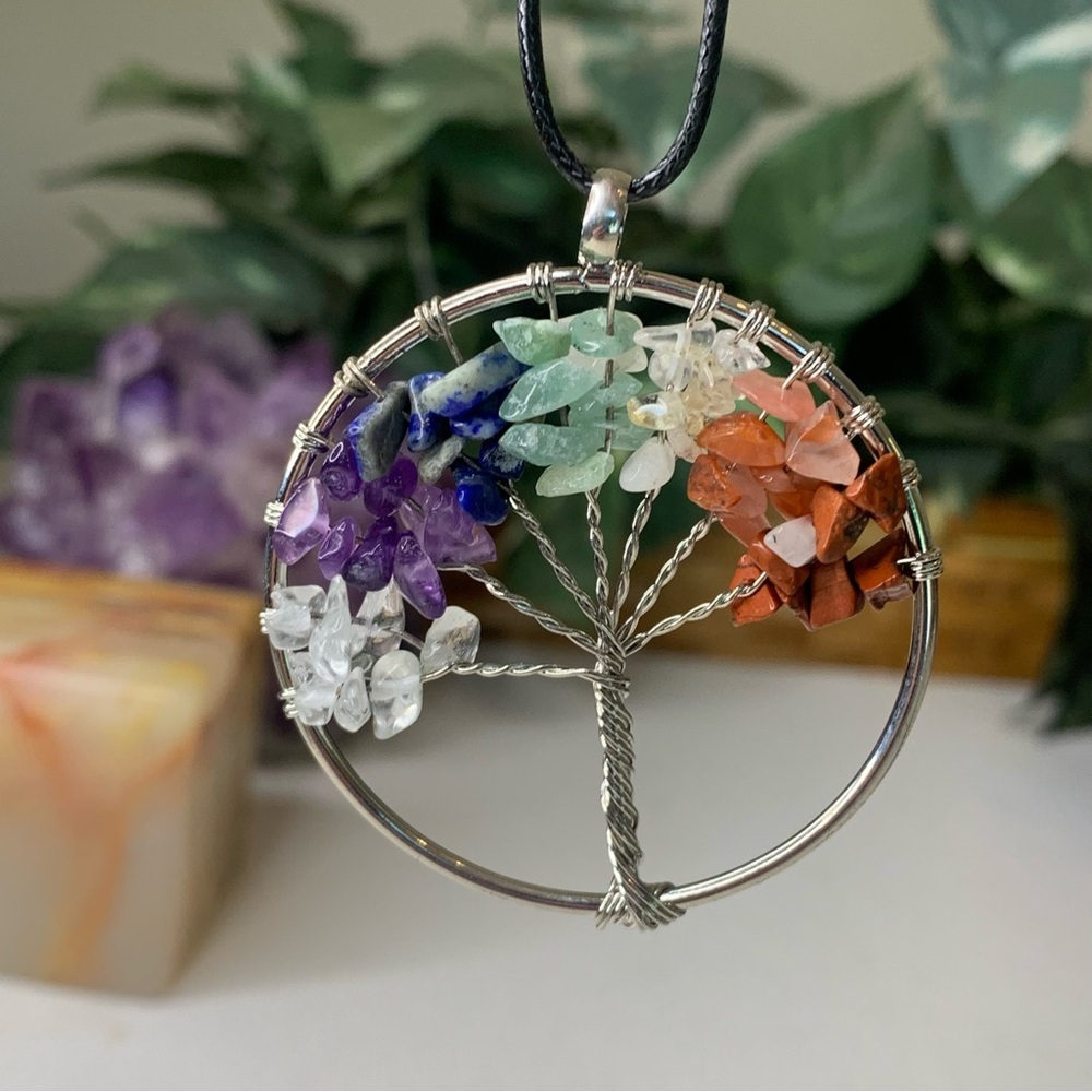7 Chakra Stone Crystal Tree of Life Wire Wrapped Pendant Necklace Silver Tone 2" - Picture 2 of 7